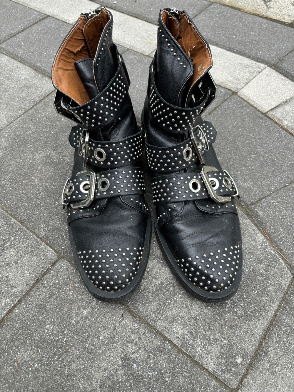 Zara Black Studded Leather Ankle Boots with Buckles
